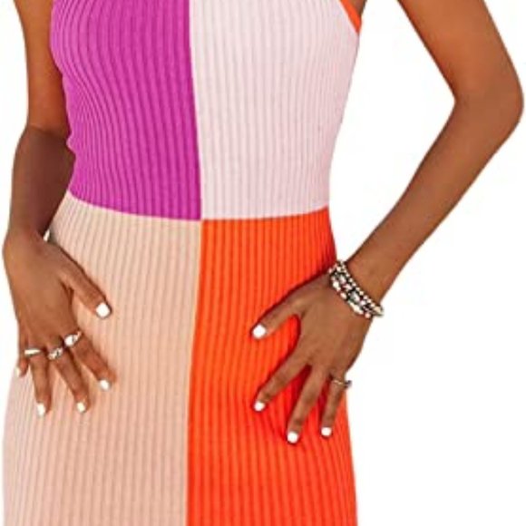 Women Halter Neck Colorblock Ribbed Tank Dress Summer Sleeveless Bodycon - Picture 3 of 3